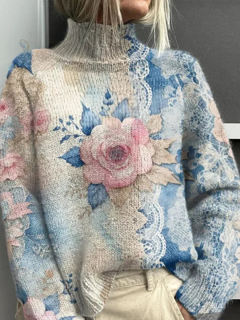 Elegantiškas megztinis su aukštu apykakle iš nėrinių Roos